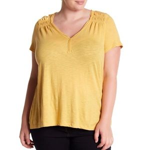 Susina Ruched Shoulder V-Neck Tee Mustard Yellow